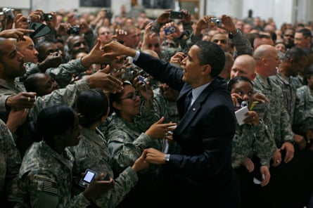 US president Barack Obama greets troops at Camp Victory in Baghdad on 7 April 2009.
