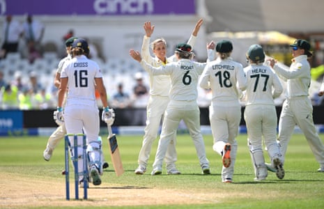 Ashleigh Gardner is congratulated after taking the wicket of Kate Cross. Australia have the breakthrough.