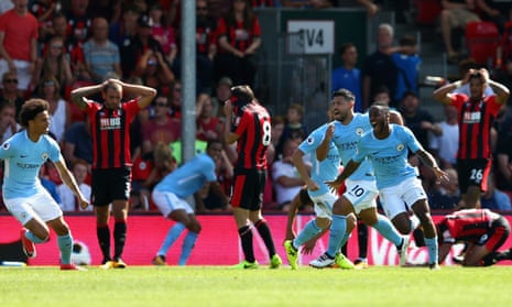 Raheem Sterling of Manchester City celebrates scoring their injury time winner.