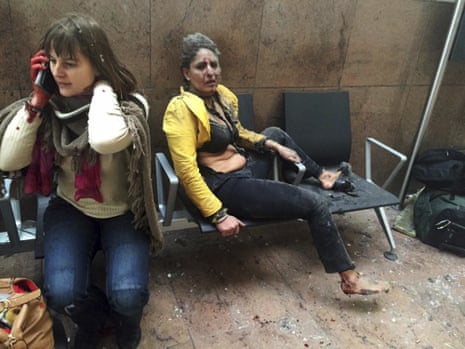 Nidhi Chaphekar, a 40-year-old Jet Airways flight attendant from Mumbai, right, and another unidentified woman are shown after being wounded in Brussels Airport