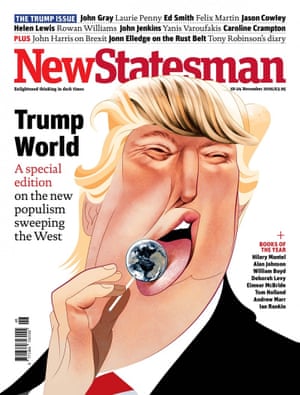 André Carrilho for New Statesman“I like the one where Trump is licking a popsicle made of the planet. I don’t have any tools specifically to handle him; I just try to make a portrait that looks like him, in a situation that comments on his character. I must say his hair is always challenging because it has a weird twist, shape and color, and is very unique. In my drawings his hair sometimes takes on characteristics of his personality, changing from Donald Duck’s beak to fire or a Nazi salute, depending on what I’m commenting on, whether it’s his cartoonish buffoonery or extremist tendencies.”