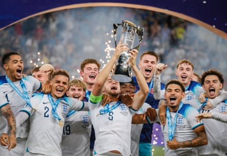 England’s Under-21 players celebrate during the award ceremony of the UEFA Under-21 Championship final in 2023