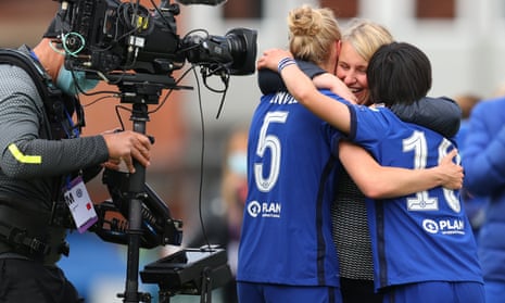 Emma Hayes celebrates with her players following their Champions League semi-final win over Bayern Munich last Sunday.
