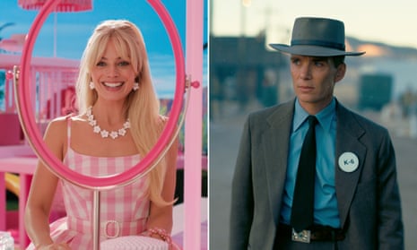 This combination of images shows Margot Robbie in a scene from Barbie, left, and Cillian Murphy in a scene from Oppenheimer.