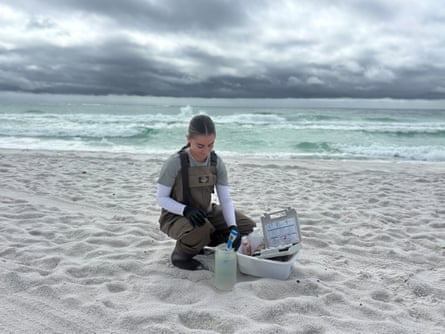 Natalie Larsen, a member of the Vibrio surveillance research team, gathers seawaters samples from Florida’s Pensacola Beach.