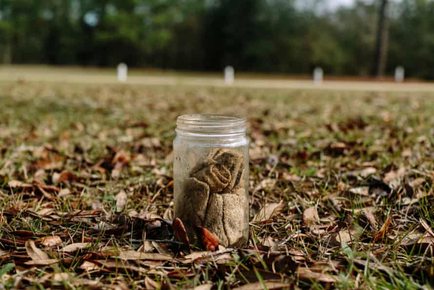 A glass jar filled with an ‘odor sample’ – in this case a rag soaked in bodily fluid – that Lisa Higgins uses in training courses for the Louisiana Search and Rescue Dog Team.