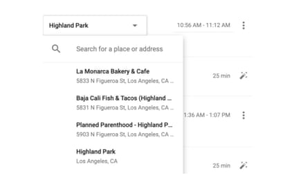 screen shot shows the query “highland park” and a number of locations appear under it, including planned parenthood