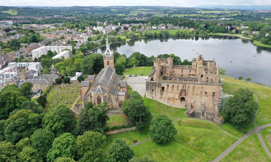 Aerial drone view of Linlithgow Palace, West Lothian, UK.