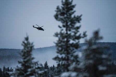 A helicopter flies over a pine forest