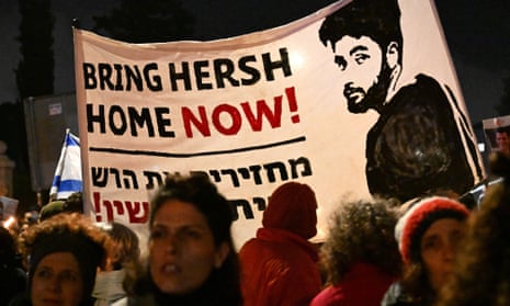 Protesters call for an immediate hostage deal in Jerusalem, Israel, 19 February 2024. Banner reads 'Bring Hersh home now'