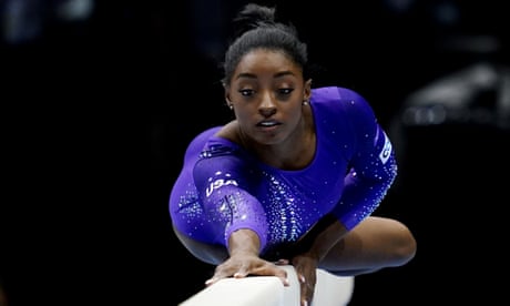 Simone Biles en route to gold on the balance beam at the 2023 Gymnastics World Championships at the Sportpaleis in Antwerp