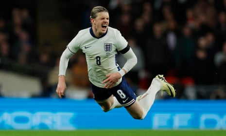 England's Conor Gallagher takes flight after being fouled against Brazil