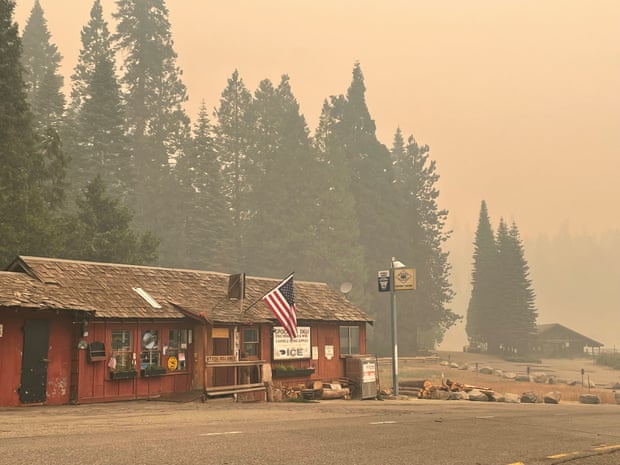 Smoke over trees and a small shop