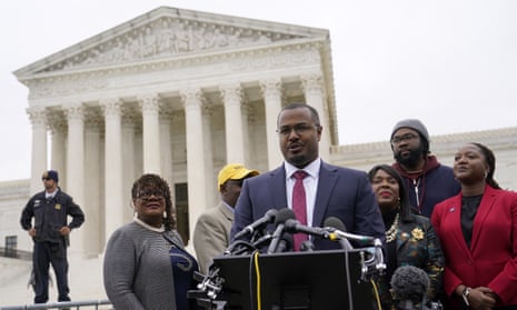 Deuel Ross speaks with members of the press following oral arguments outside the Supreme Court on Capitol Hill in Washington, Tuesday, Oct. 4, 2022.