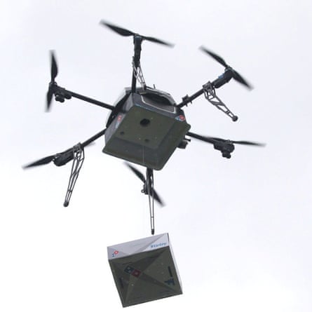 A delivery drone performs a test flight with a pizza box in Auckland, New Zealand last year.