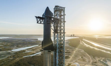 SpaceX’s Starship rocket stands at its Texas launch pad.