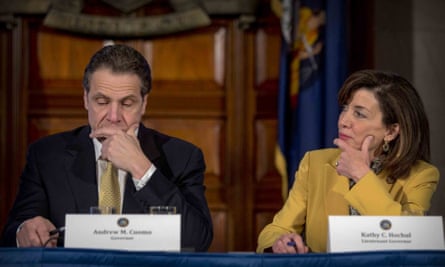Andrew Cuomo and Kathy Hochul at the state capitol in Albany in 2015.