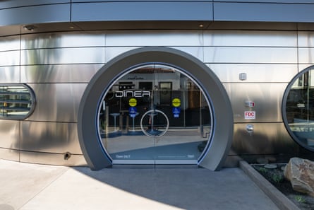 glass, futuristic exterior doors to a diner