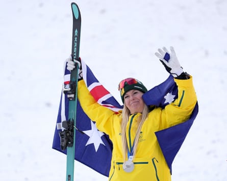 Australia silver medallist Danielle Scott celebrates during the aerials medal ceremony in Livigno