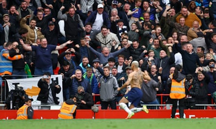 Tottenham’s Richarlison celebrates scoring their third goal with the travelling fans.
