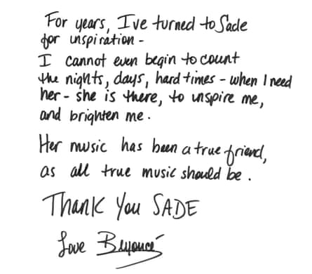 Handwritten letter from Beyoncé Knowles to Sade