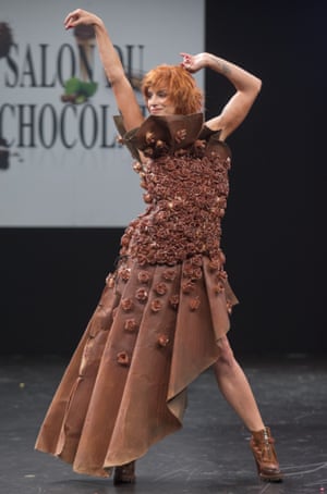 French dancer Fauve Hautot models a chocolate studded dress as part Salon du Chocolat