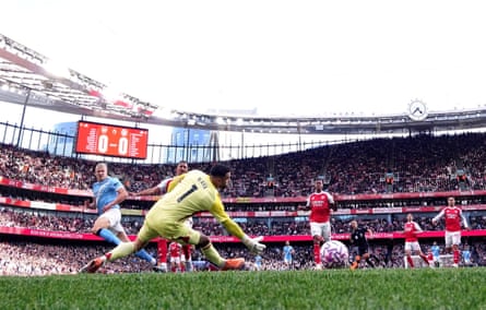 Erling Haaland slots home for Manchester City at Arsenal in September.