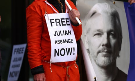 Supporters of Julian Assange protest in front of Westminster magistrates court.