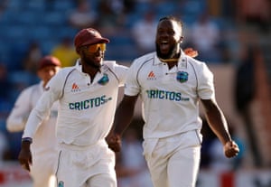 West Indies’ Kyle Mayers celebrates taking the wicket of England’s Craig Overton.