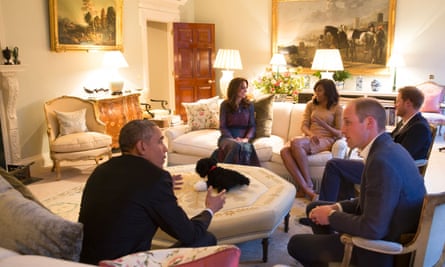 Barack Obama, Prince William, Michelle Obama, Catherine, the then Duchess of Cambridge, and Prince Harry at Kensington Palace in 2016. Aelbert Cuyp’s painting can be seen in the background.