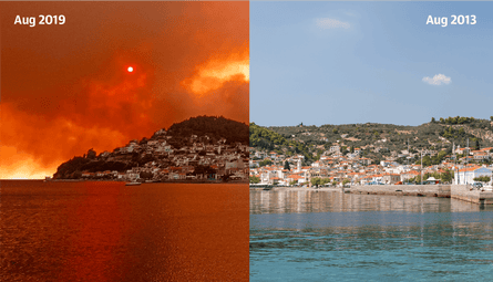 Left: Flames burn on the mountain near Limni Village on the island of Evia in 2019. Right: Limini Village in 2013.