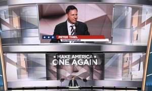 PayPal co-founder and Facebook board member Peter Thiel speaking at the Republican national convention. Thiel’s donation to Trump has sparked criticism in the tech world.