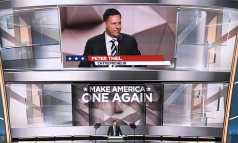 PayPal co-founder and Facebook board member Peter Thiel speaking at the Republican national convention. Thiel’s donation to Trump has sparked criticism in the tech world. 