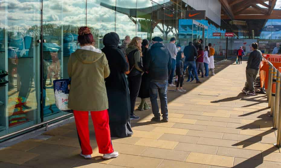 Shoppers queue outside the Nike store at the Bishop Centre in Taplow after the easing of some of the Covid-19 lockdown restrictions