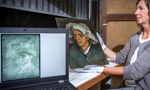 Senior conservator Lesley Stevenson with Head of a Peasant Woman and an X-ray image of the hidden self-portrait