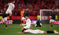 Sevilla’s Yousseff En-Nesyri and teammates celebrate victory over Juventus in their Europa League semi-final second leg match.