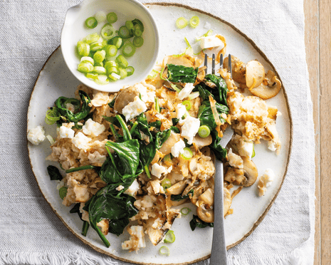 Matzo brei sauteed with leek, spinach, shallots and mushrooms.
