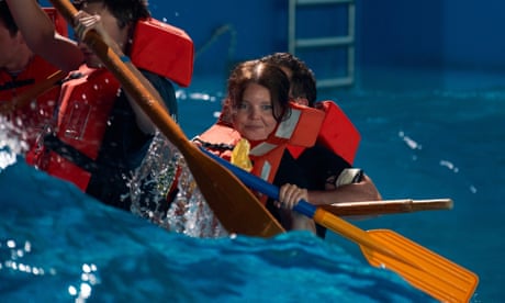 A group of journalists including the Guardian’s Rachel Hall get to experience what it is like to try and cross the English Channel in a small Dinghy at the RNLI’s Sea Survival centre in Poole, Dorset.