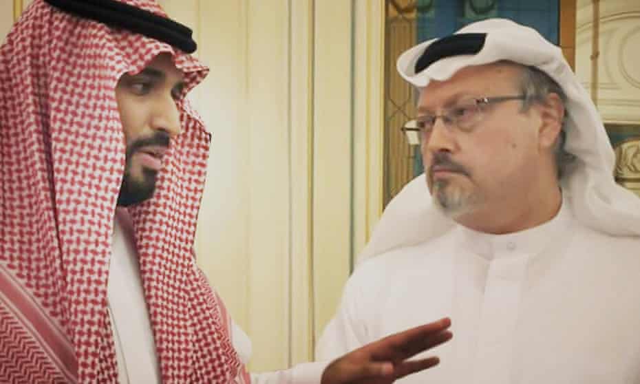 Saudi Crown Prince Mohammed bin Salman, left, with the journalist Jamal Khashoggi in a scene from the documentary The Dissident.