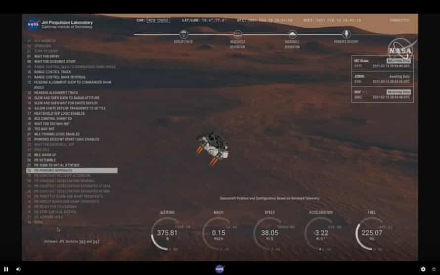 A video still made available from Nasa TV shows the Perseverance Mars rover telemetry as it approaches the Jezero crater.