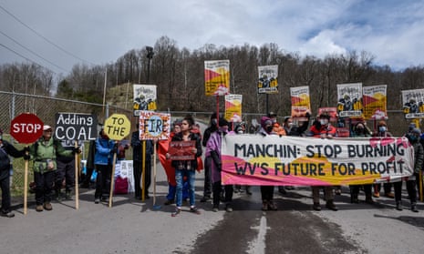 Protesters called out Senator Manchin in April at the Grant Town Coal Waste Power Plant in Grant Town, West Virginia.