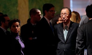 UN secretary general Ban Ki-moon, with UN climate chief Christiana Figueres (L), at the COP21 climate change conference in Paris, France