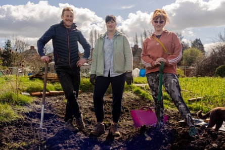 Ashleigh, Tom and Lucy on their allotment