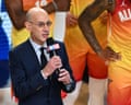 Commissioner Adam Silver holds a microphone after the 2023 NBA All-Star Game.