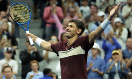 Alexei Popyrin celebrates his victory over Novak Djokovic at the US Open.
