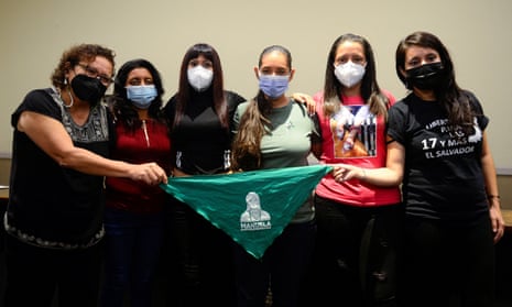 Reproductive rights campaigners Morena Herrera, left, and Sara García, right, accompany Elsy, Kenia, Evelyn and Karen, women who were freed from jail after being convicted of aggravated homicide following medical emergencies during their pregnancies.