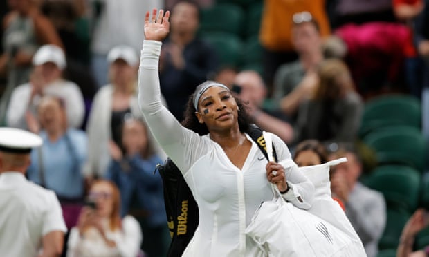 Serena Williams waves to the Center Court crowd as she leaves the court following her first round defeat to Harmony Tan on day two of the 2022 Wimbledon tennis championships at the All England Lawn Tennis Club on June 28th 2022 in London, England (Photo by Tom Jenkins )