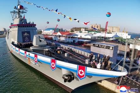 This picture taken on April 25, 2025 and released from North Korea's official Korean Central News Agency shows the launch ceremony of a newly-built destroyer.