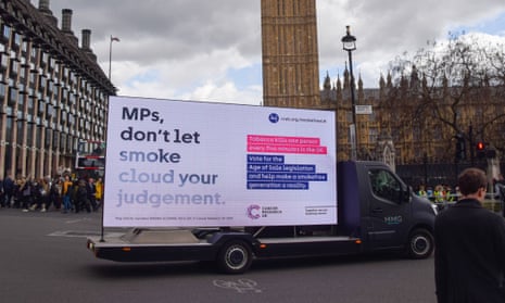 Van with message from Cancer Research UK urging MPs to back smoking ban, London, 16 April 2024. 