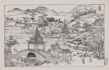 Westlake Panorama, mid-1700s. China, Qing dynasty (1644–1911), Qianlong period (1736–95). Woodblock print, ink on paper; printed with three woodblocks in shades of black on four sheets; paper:38 x 59 cm (14 15/16 x 23 1/4 in.); image: 34.5 x 55 cm (13 9/16 x 21 5/8 in.).